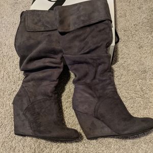Suede wedge scrunch knee high boots gray
